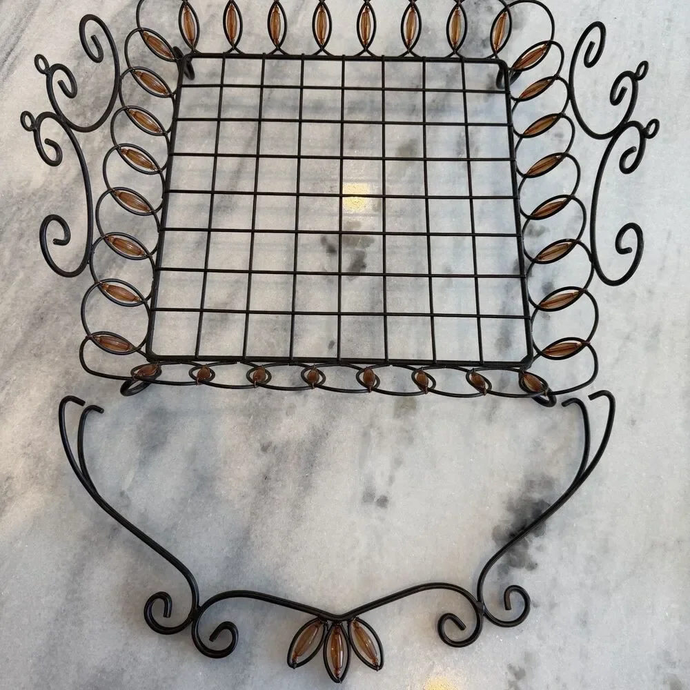 Pier 1 Wrought Iron Orange Beaded Basket Centerpiece With Handle Scalloped